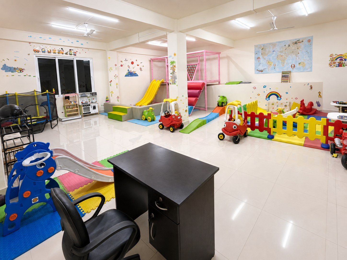 Wide view of The Play Hive indoor playground with slides, ride-on cars, soft play, trampoline, and play kitchen